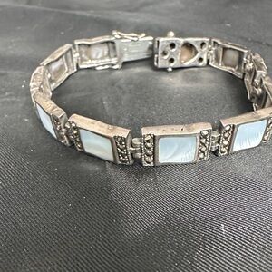 Vintage Silver link Bracelet with Mother of Pearl inlay and Marcasite